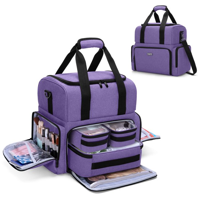 Bolsa de maquillaje de viaje BAFASO de 2 capas con 3 bolsas de nailon morado