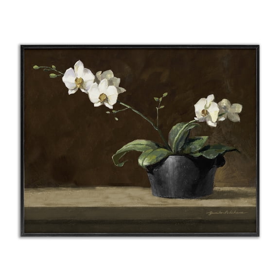 Stupell Industries Potted White Orchid on Ledge Black Framed Giclee Art, design by Yumiko Ichikawa