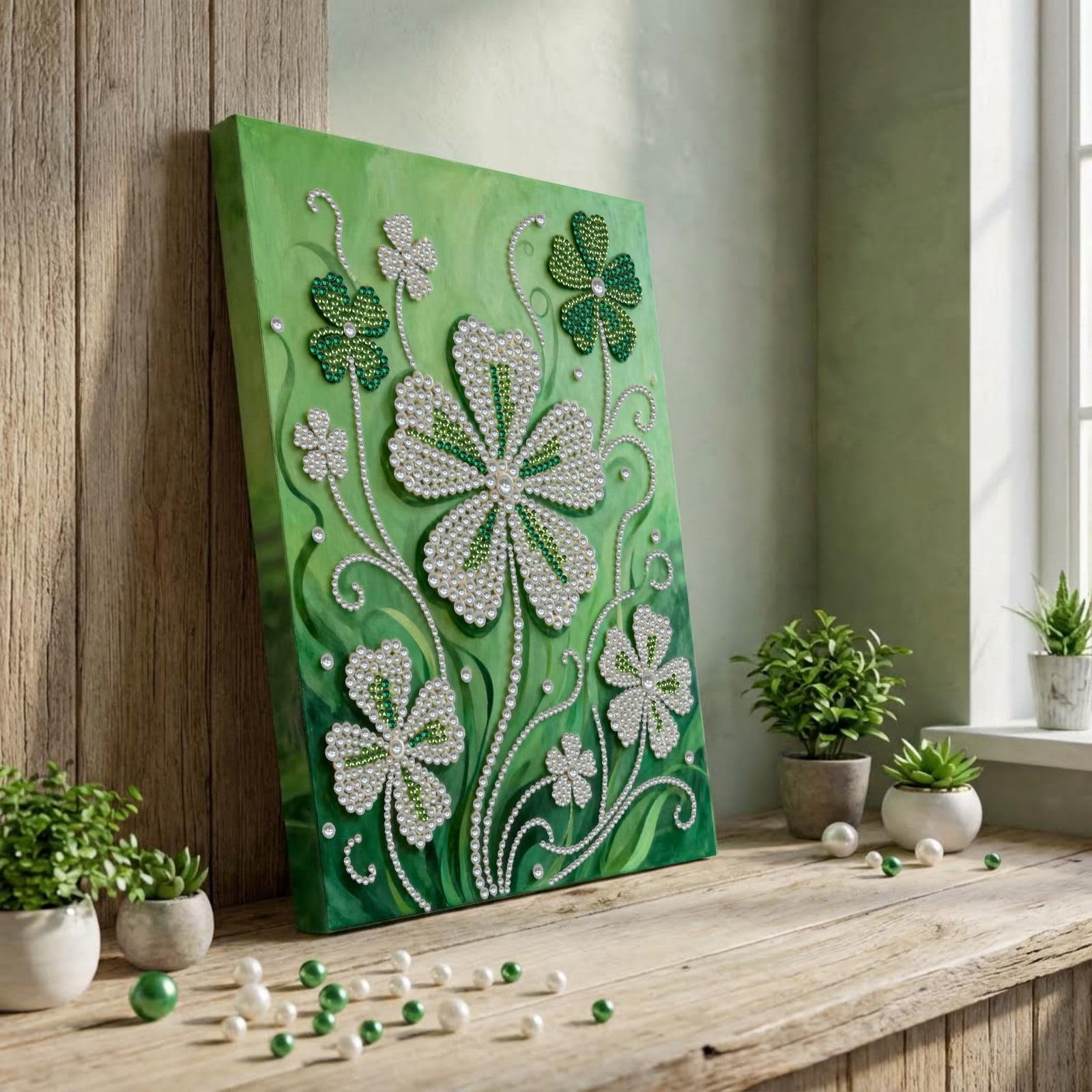 FLOPESN DIY Gemstone Pearl Diamond Art Painting Kit with Frame, 11.81x15.75in Colored Canvas, Home Decor Display for Tabletop and Wall -Four-Leaf Clover