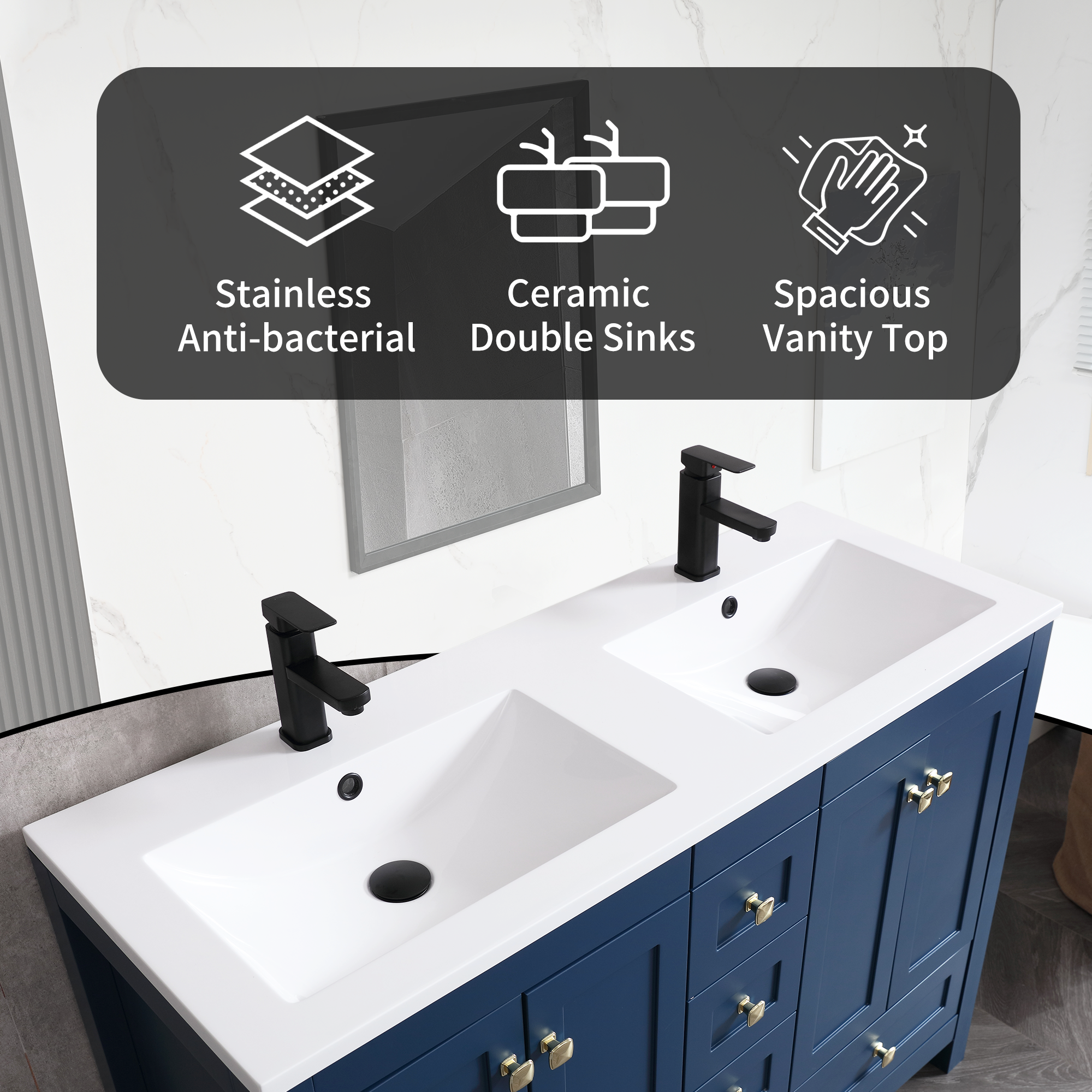 Eclife 48" Freestanding Bathroom Vanity Set with Resin Double Sink Top, PU Paint, Water Saving Faucet, Navy Blue