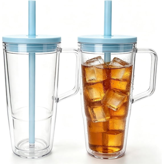 40oz Insulated Clear Tumbler with Handle and Lid & Straw, Reusable Travel Mug for Cold and Hot Drinks, Double-Wall Plastic Water Bottle | Crystal-Clear | Car Cup Holder Fit | Leakproof