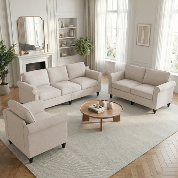 Puremind 3 Piece Living Room Sofa Set, Sectional Couch Sets, 3-Seat Sofa with Loveseat and Armchair Furniture Sets, Sofas Couches for Living Room/Apartment, Beige