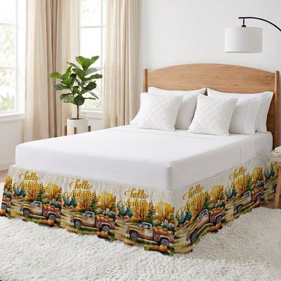 Pumpkin Truck Bed Skirt Queen Size 16 Inch Drop, Hello Autumn Forest Adjustable Elastic Dust Ruffles Bedskirt for Queen Bed Wrap Around Pleated Mattress Frame Cover