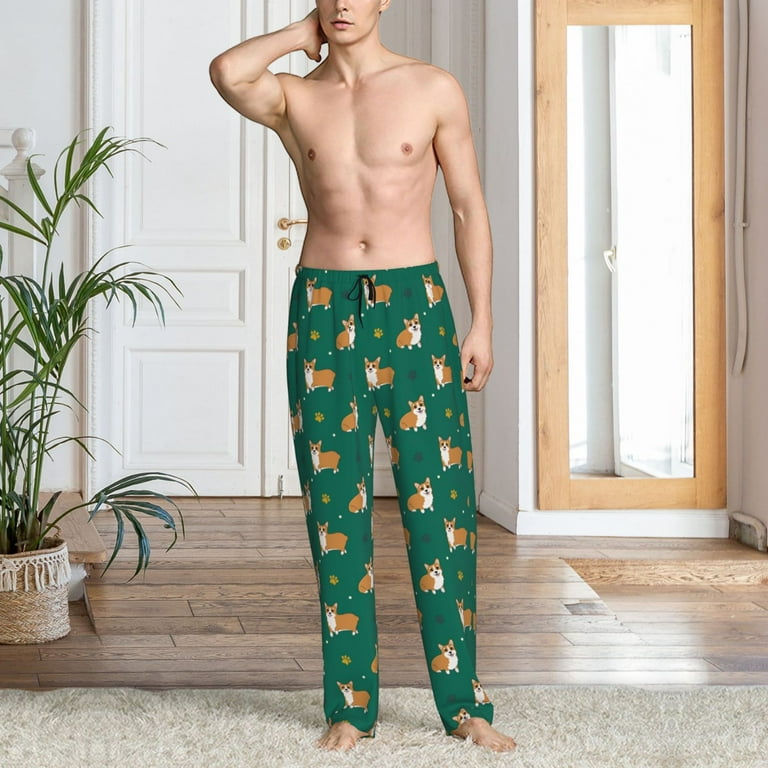 Mens Pajama Pants Bottoms with Pockets Cute Corgi Dog Funny Green Soft Mens Pj Pants Comfy Men Lounge Pants Walmart