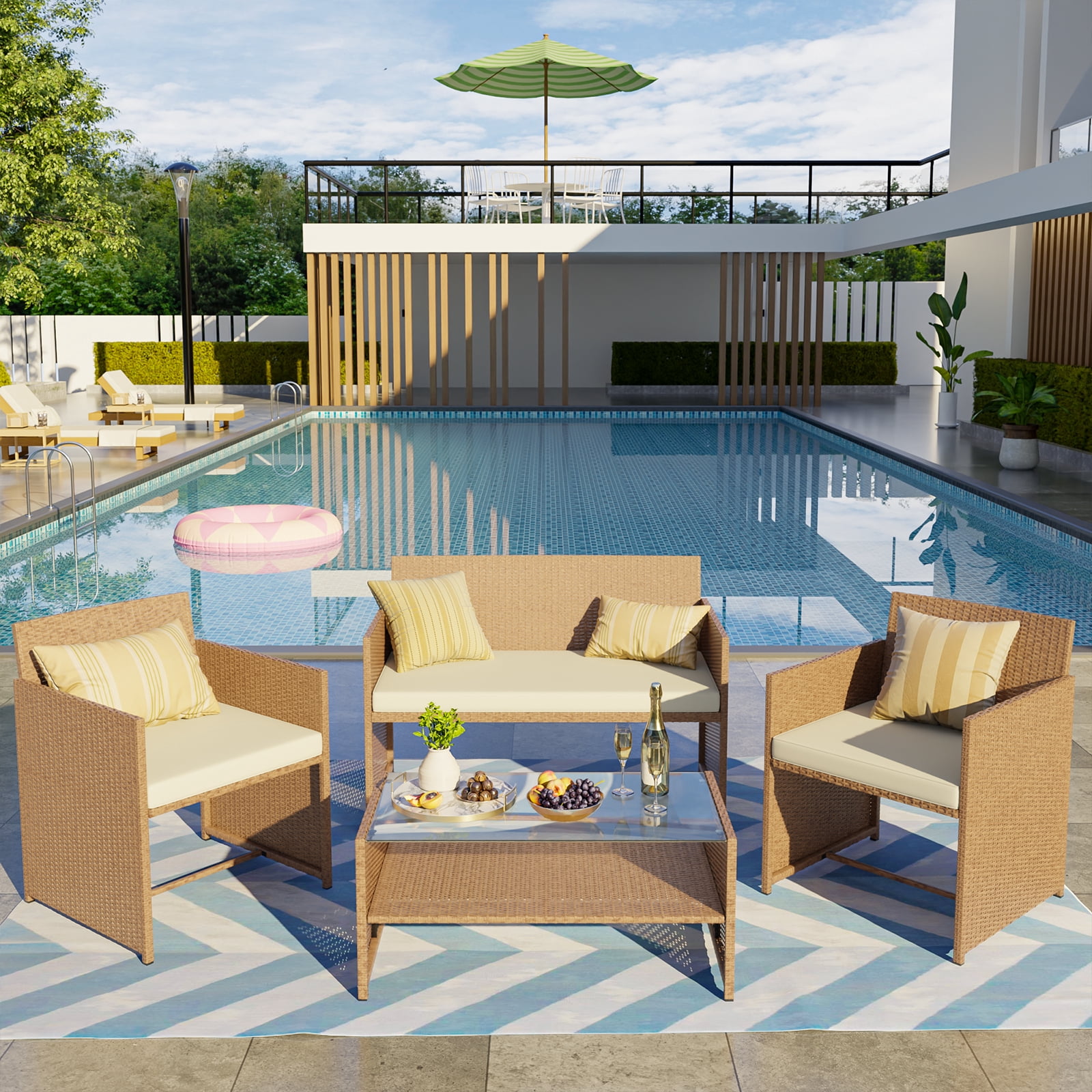 ELPOSUN 4-Piece Patio Rattan Furniture Set with Cushions & Tempered Glass Tabletop, Beige