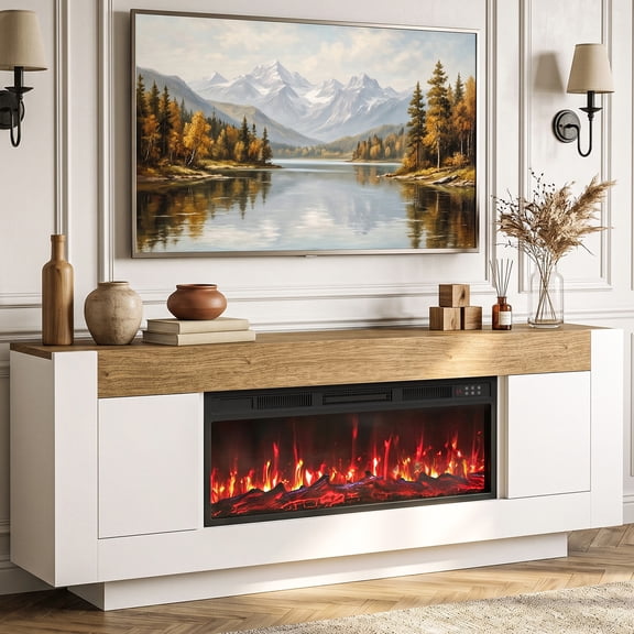 BOSSIN 70" TV Stand with 36" Fireplace, Modern Farmhouse Entertainment Center for 80" TV, Media Console Table with Side Cabinets & Hidden Storage, Living Room, Bedroom, White