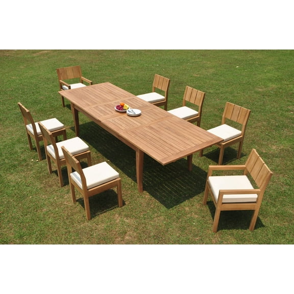 Grade-A Teak Dining Set: 8 Seater 9 Pc: 122" Atnas Double Extension Rectangle Table And 8 Veranda Chairs (2 Arm & 6 Armless Chairs) WholesaleTeak #WMVR17