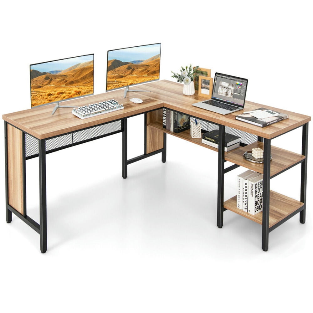 GVN Industrial L-Shaped Corner Computer Desk Office Workstation with Storage Shelves-Natural, Desk for Bedroom, Gaming Computer Desks for Study,Working,Writing