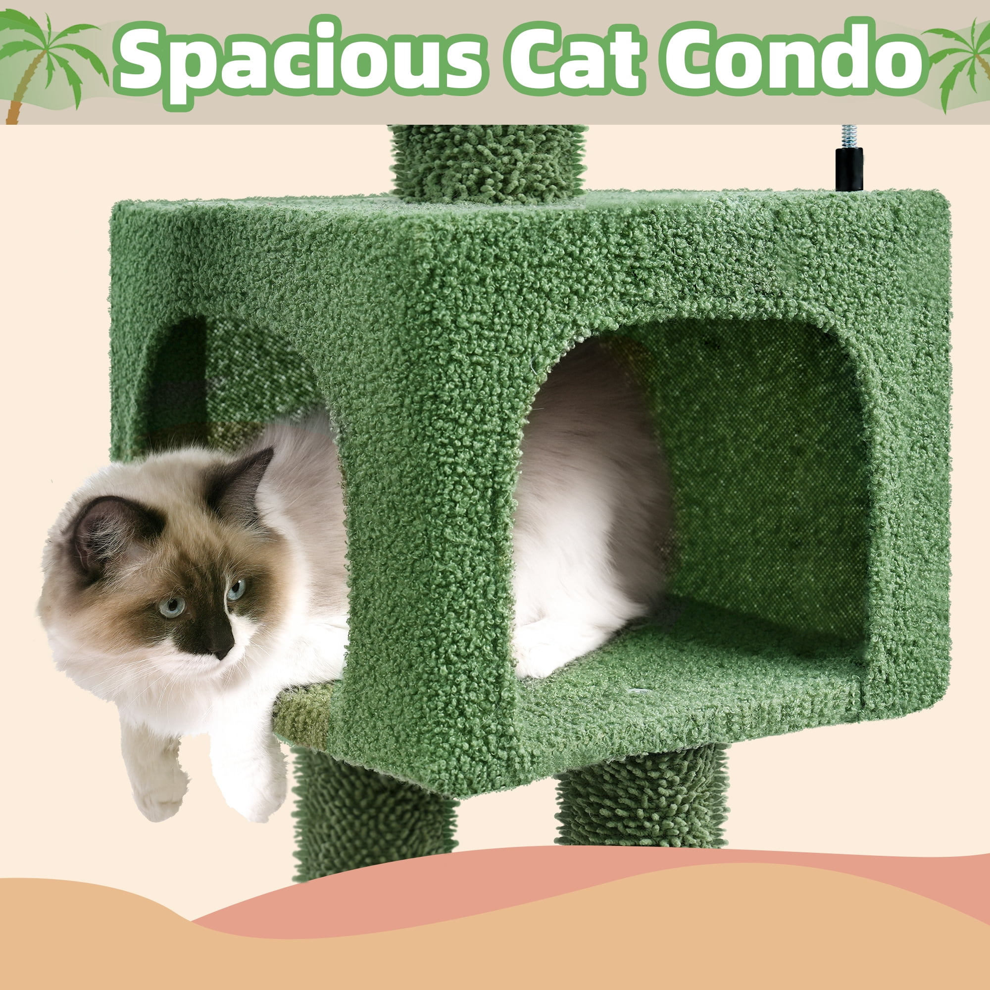 AIWIKIDE 35.4" Desert Cactus Cat Tree With Scratching Toy, Hanging Ball, Cat Tower Furniture Sisal-Covered Scratching Posts,Green