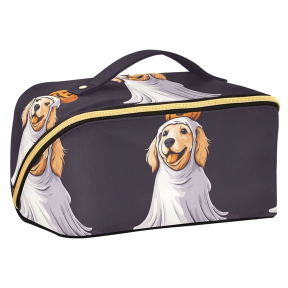 FORMRS Makeup Bag Travel Cosmetic Organizer for Women Fold Flat Zipper Pouch with Handle, Yellow Halloween Dog