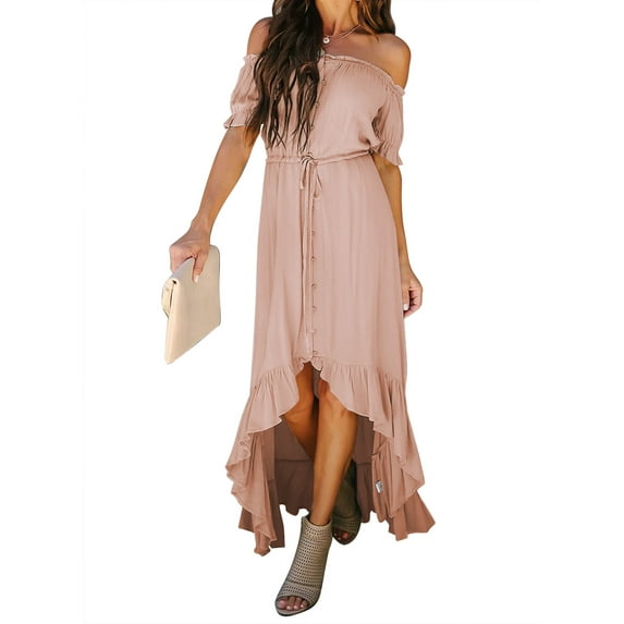 Asyoly Womens Dresses Off Shoulder Maxi Dresses Short Sleeve High Low Ruffle Evening Party Dress Solid Cocktail Skater Dresses