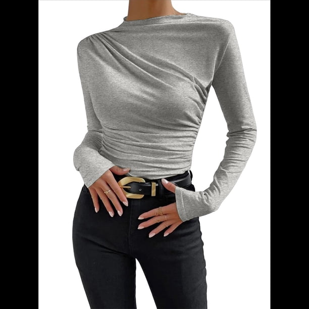 Camiseta Informal de Larga con Cuello Alto y Fruncido para Mujer, Corte Entallado y Color Liso Gris M