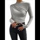 thumbnail image 1 of Camiseta Informal de Larga con Cuello Alto y Fruncido para Mujer, Corte Entallado y Color Liso Gris M, 1 of 7