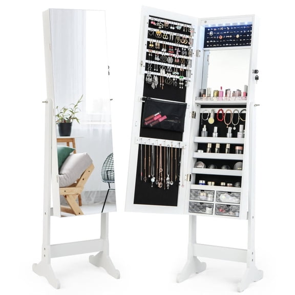 Furnibear Free Standing Full-Length Jewelry Armoire with LED Lights and Mirrored Storage Cabinet for the Bedroom and Dressing Room, White