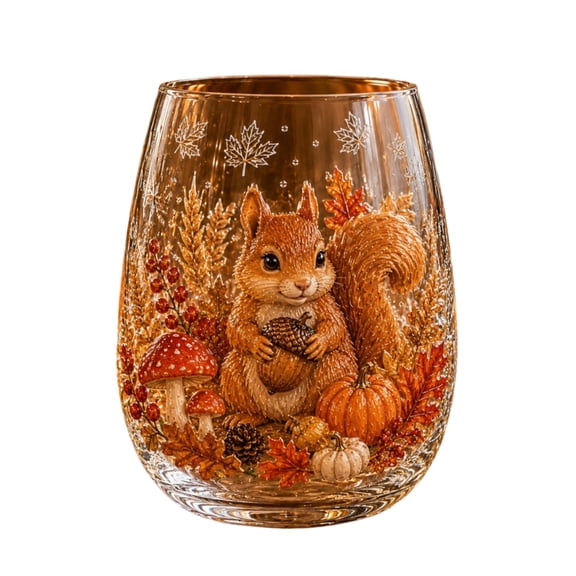 Autumn Harvest Glass Cup, Fall Thanksgiving Themed Drinking Glass | Stemless Wine Glass, Festive Table Decor Drinkware, Ideal Holiday Housewarming Gift for Home Party Entertainment