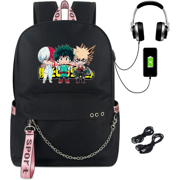 Roffatide Anime My Hero Academia Laptop Backpack Fit 15 Inch Printed Schoolbag Black Travel Daypack with USB Charging Port & Headphone Port