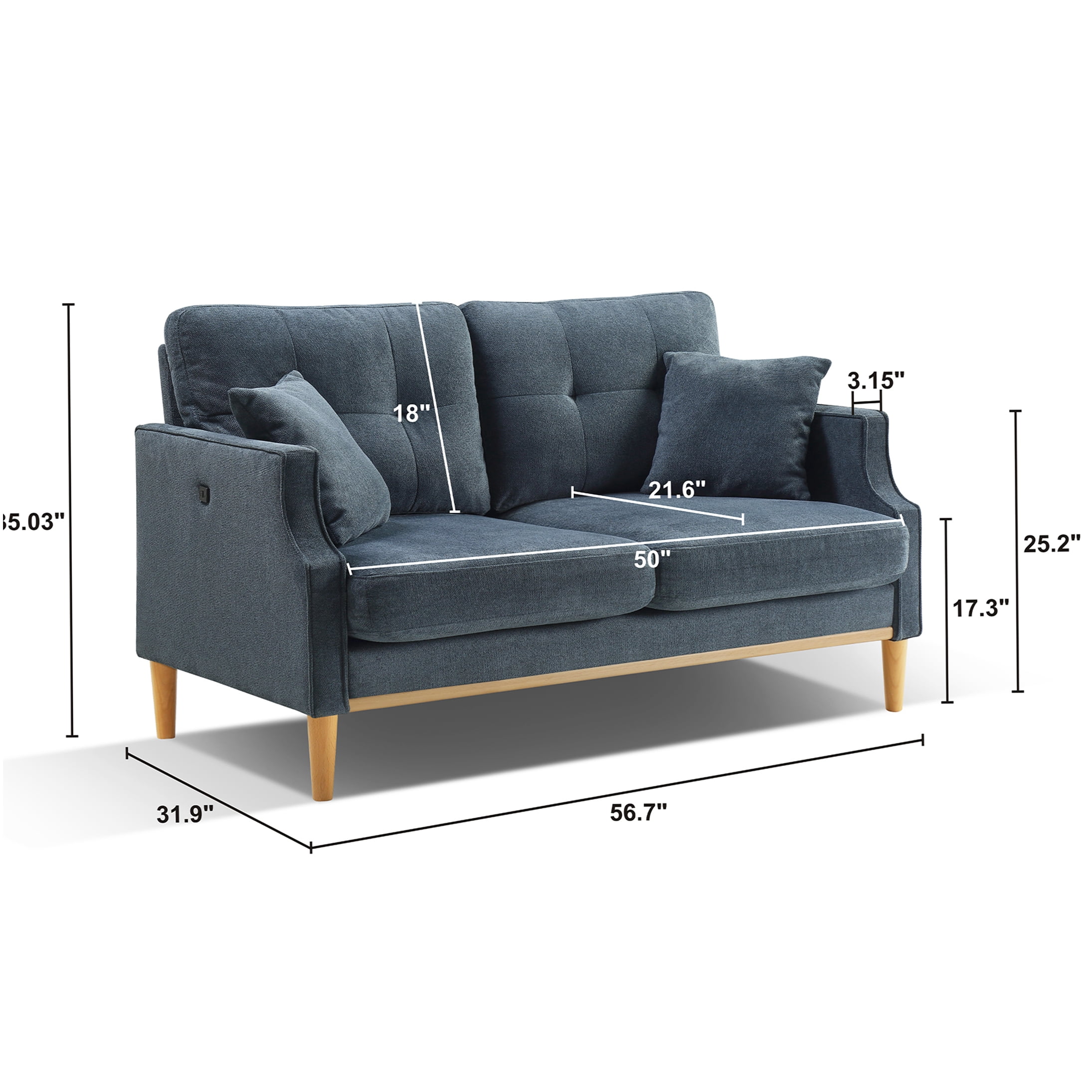Dark Blue 2-Seater Loveseat Sofa with USB Charging Port, Waterproof Fabric Upholstery for Living Room, Bedroom, or Office
