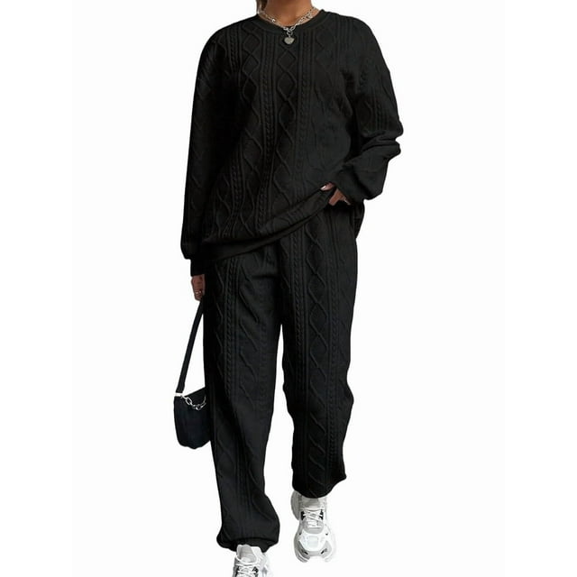 Conjunto Deportivo de Dos Piezas para Mujer: Sudadera y Pantalón Deportivo de Cuello Redondo Liso y Holgado, Conjunto de Jersey para Estar en Casa. Negro XL