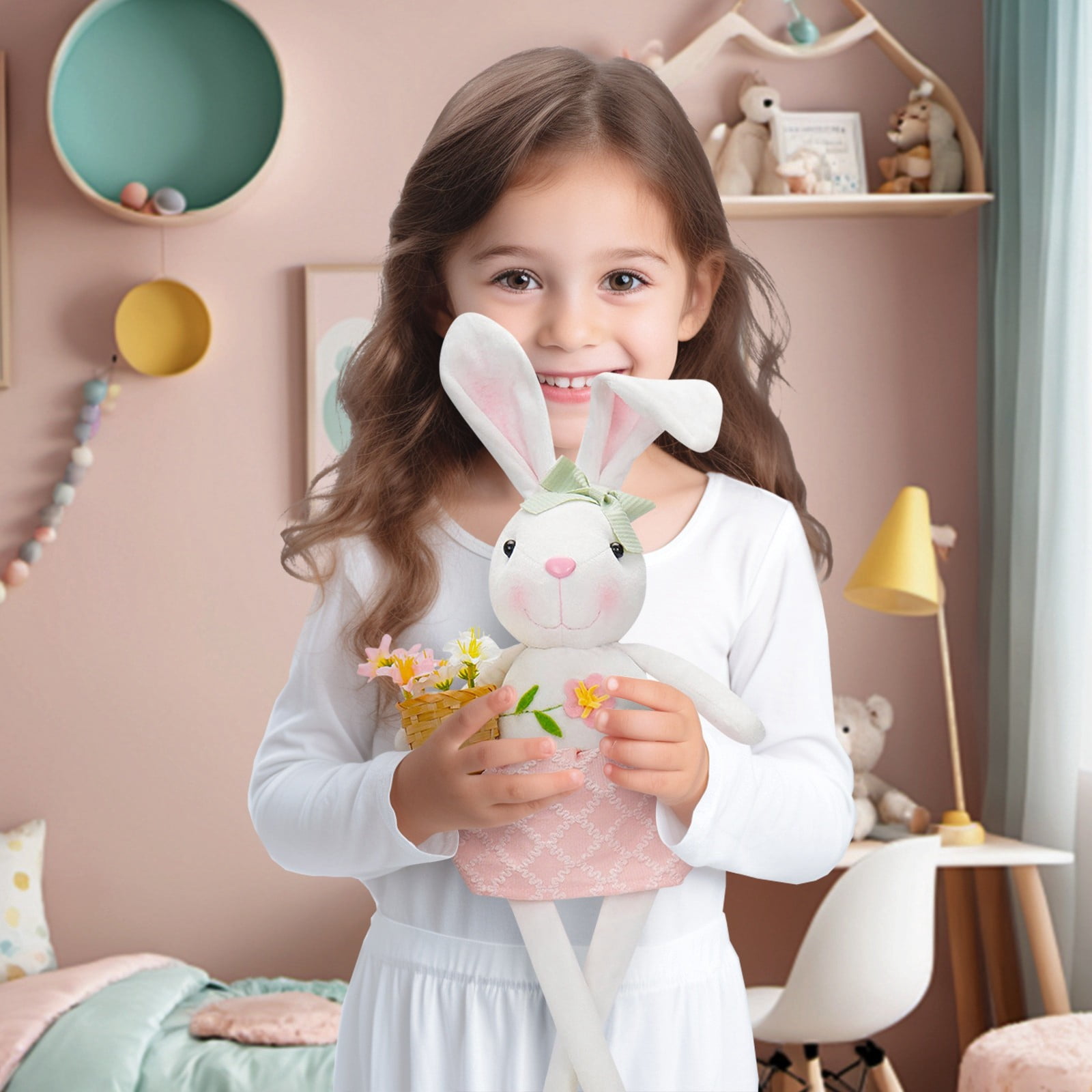 2PCS Easter Plush Bunny Dolls 17.3in with Carrot & Flower Basket, Soft PP Cotton Easter Rabbit Decorations for Party, Home Display & Kids Easter Basket Stuffers