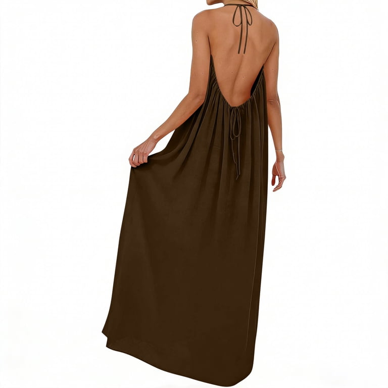 Xdegoge Sleeveless Maxi Dresses for Women Summer Halter Neck Backless Loose A Line Dress Casual Beach Vacation Party Solid Color Flowy Ankle Length