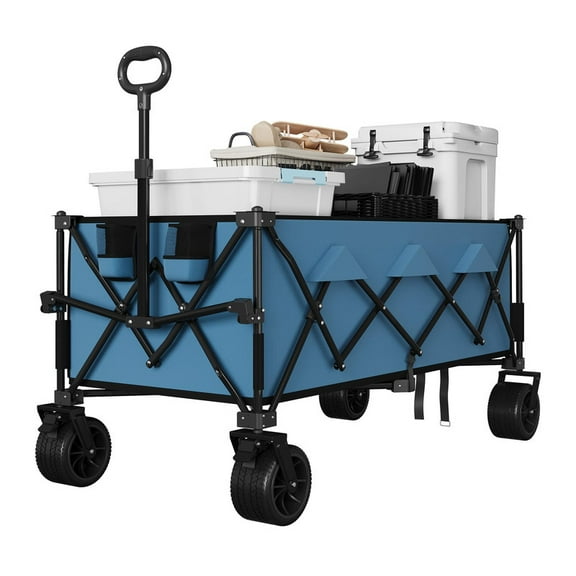 Towallmark Heavy Duty Beach Wagon Cart, Collapsible All Terrain Utility Wagon, Extra Long Foldable Design With Cup Holders, For Sand, Camping, Beach, Outdoor Use