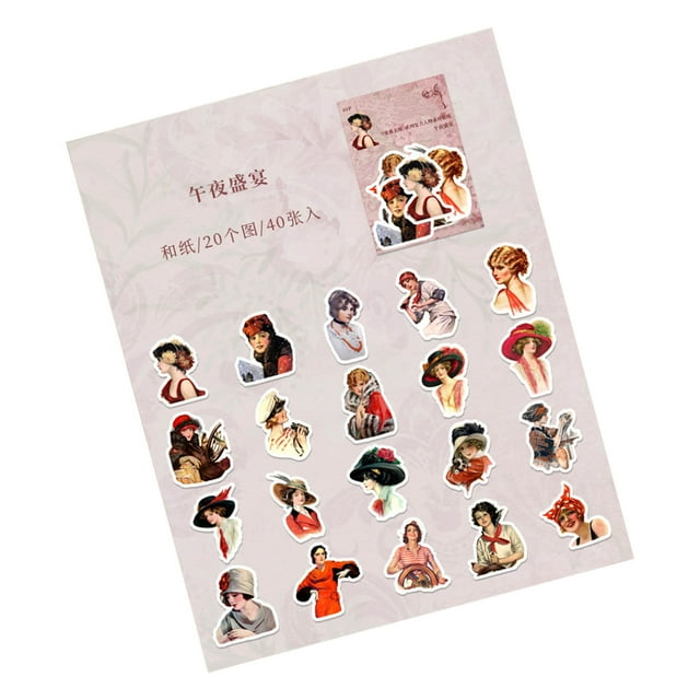 Vintage Retro Style Character Stickers for Scrapbooking Art, 40 Sheets Diverse Designs Durable Materials Versatile Easy Application Beautiful Day Theme