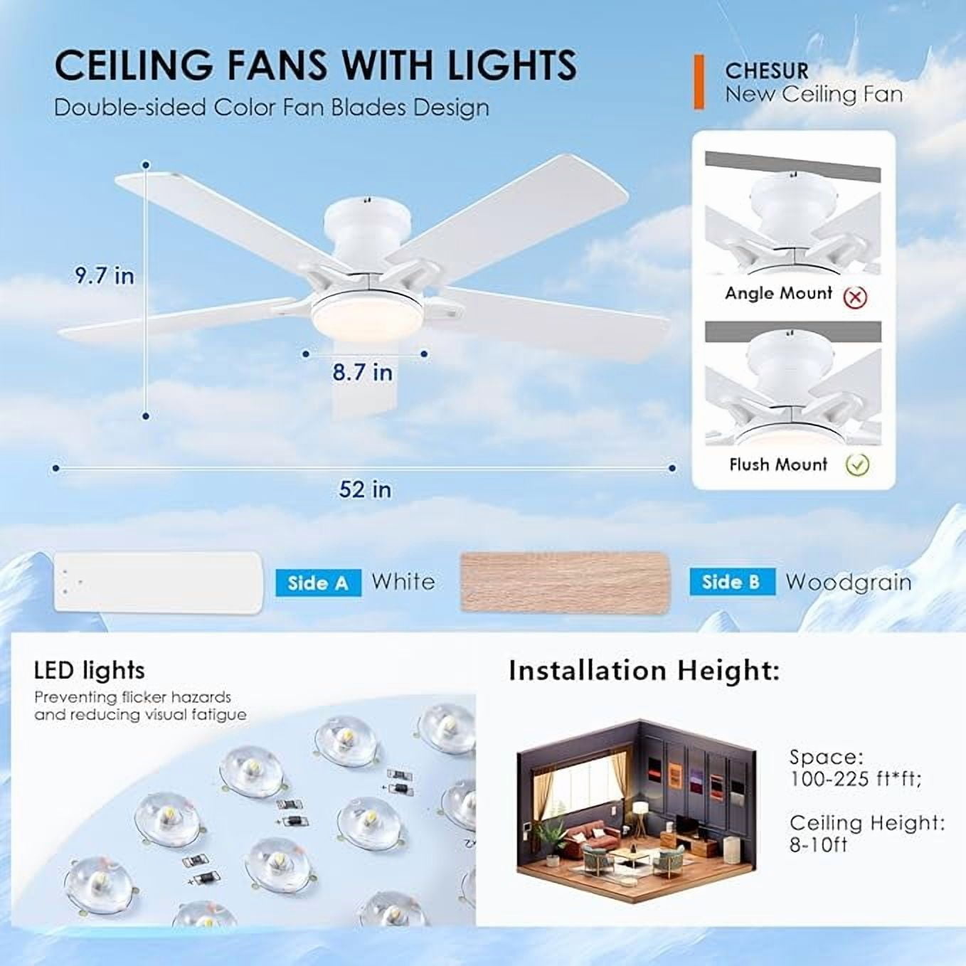Kviflon 52-Inch Flush Mount Ceiling Fan with Dimmable LED Light, Remote/App Control, 6 Speeds, Low Profile, Energy Efficient