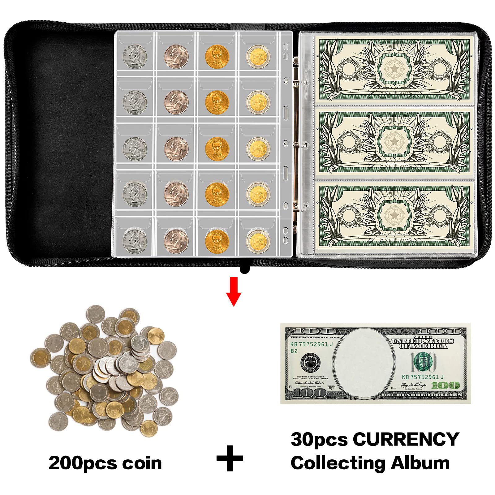 Coin Collection Book Holder for Collectors, 200 Pockets Coins Collecting Album, 30 Sleeves Paper Money Display Coin Storage Case