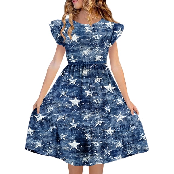 Atogsazn Kids Girls 4th of July Dress Childrens Casual Ruffle Sleeveless Dresses Tummy Control Dress Summer Navy 5-6 Years Fashion