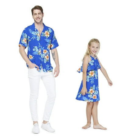 

Matching Father Daughter Hawaiian Luau Cruise Outfit Shirt Dress Neon Sunset