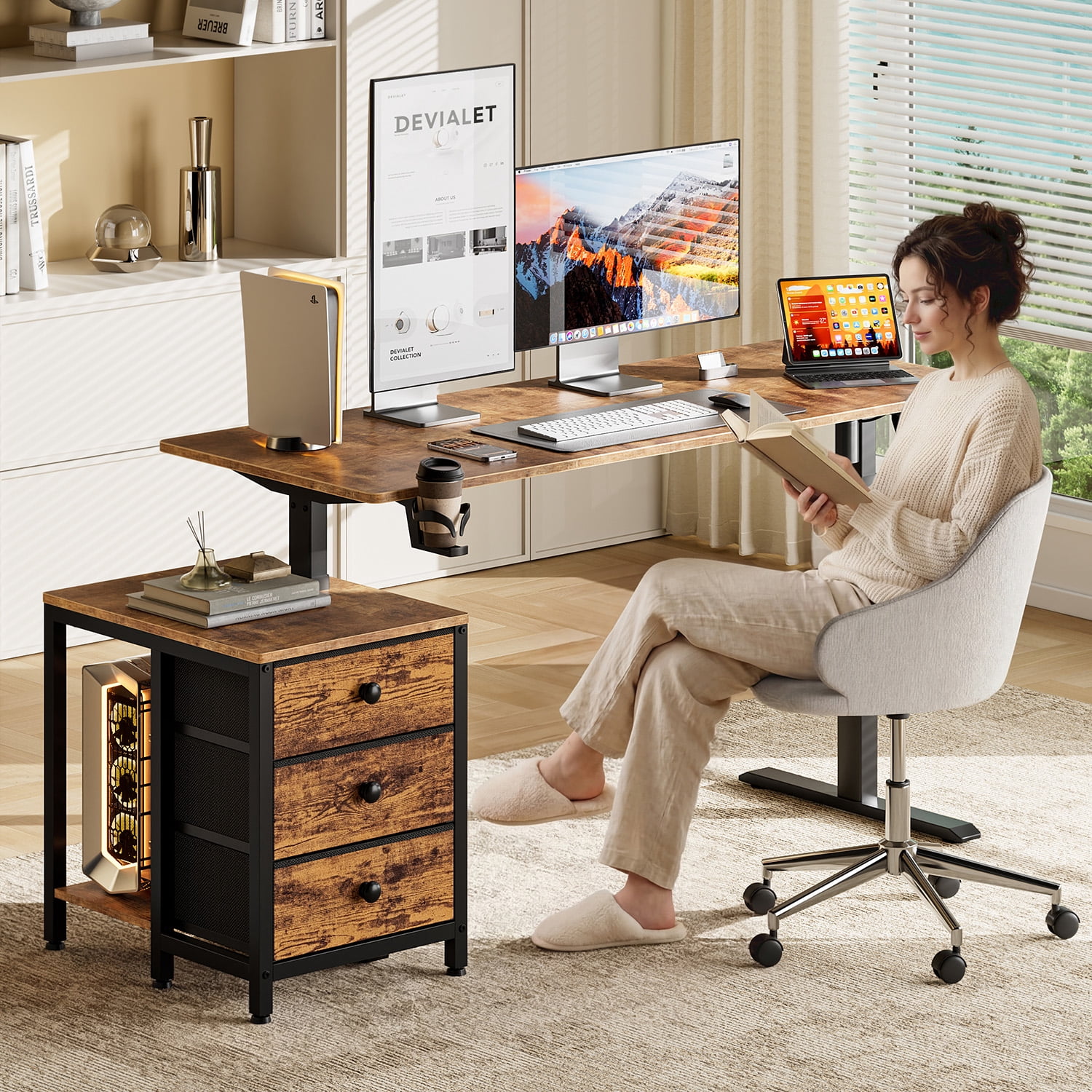 GUNAITO 55.1" Electric Standing Desk with 3-Drawer Cabinet, Adjustable Height Desk with Memory Panel, Office & Gaming Desk，Rustic Brown