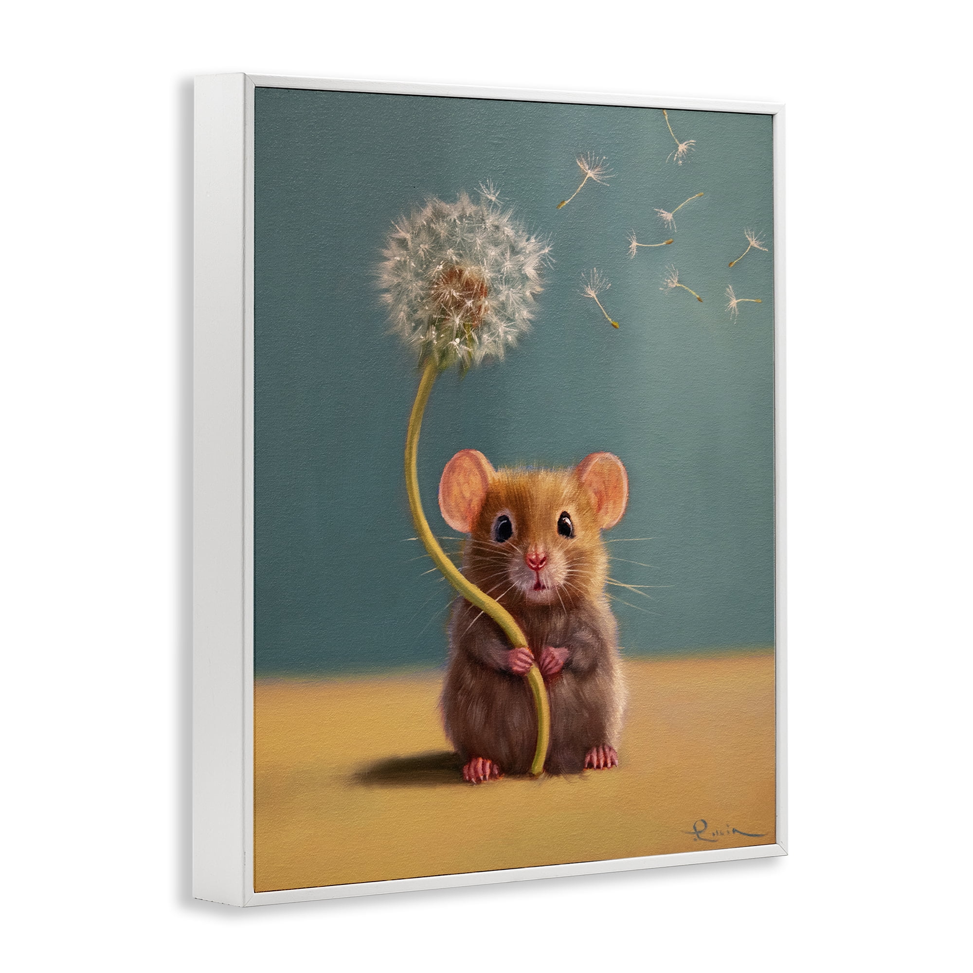 Tiny Wishes Mouse & Dandelion White Framed Giclee Art, design by Lucia Heffernan
