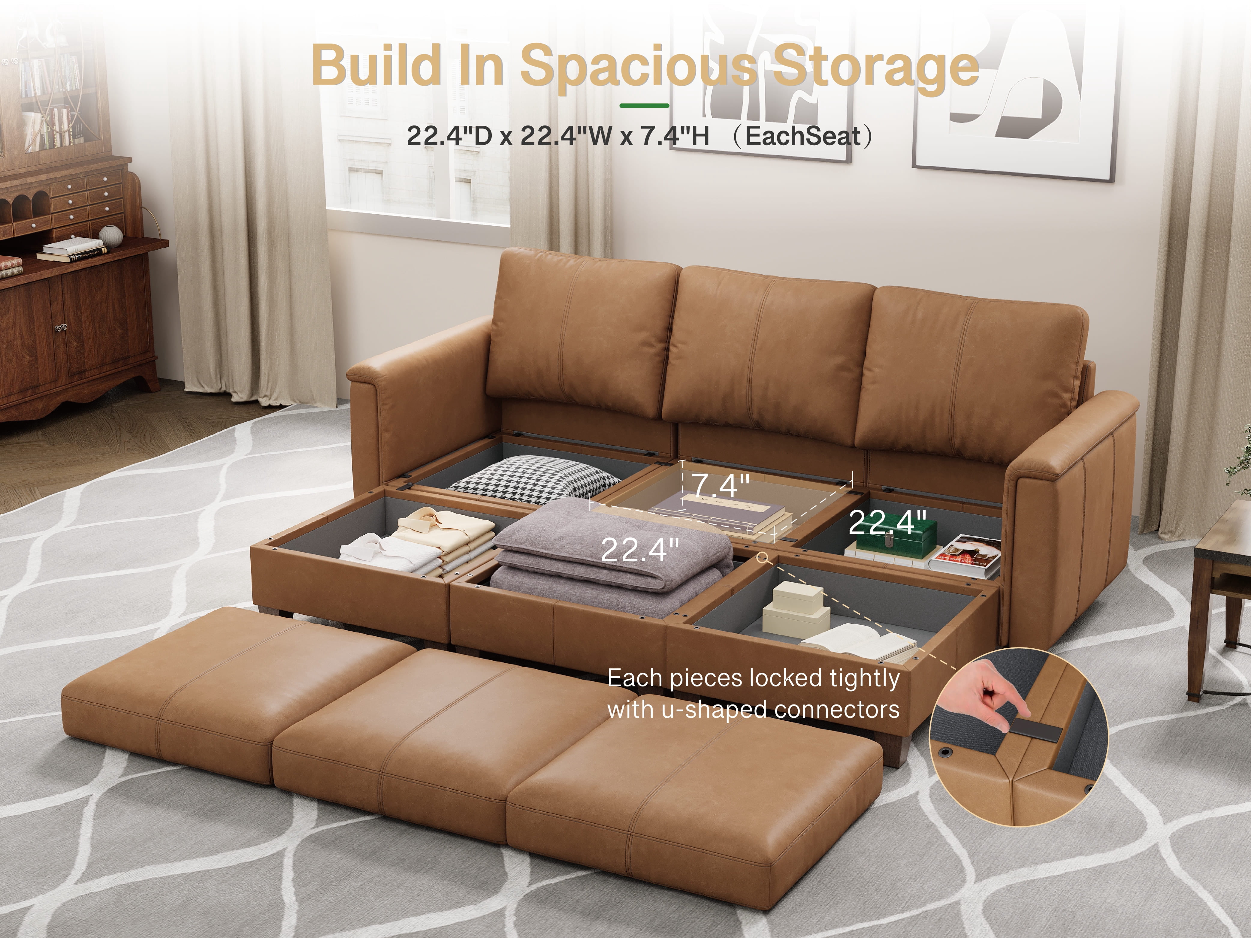 SITJOY 91" Faux Leather Modular Sectional Couches with Storage, Convertible 9 Seat U-Shaped Modular Sleeper Sofa Bed with Ottoman for Living Room, Brown