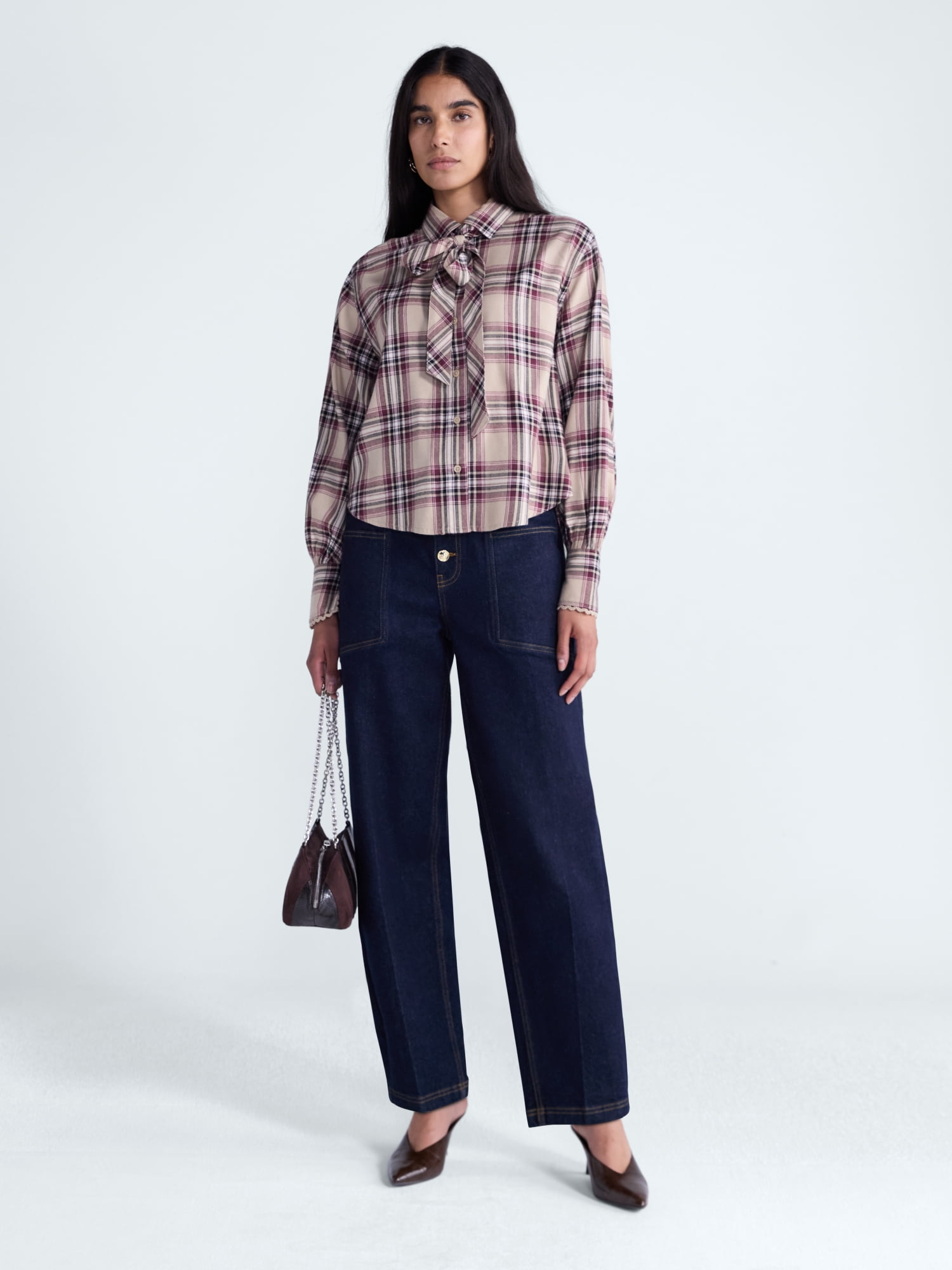 Scoop Women's and Women's Plus Plaid Bow Shirt, Sizes XS-4X