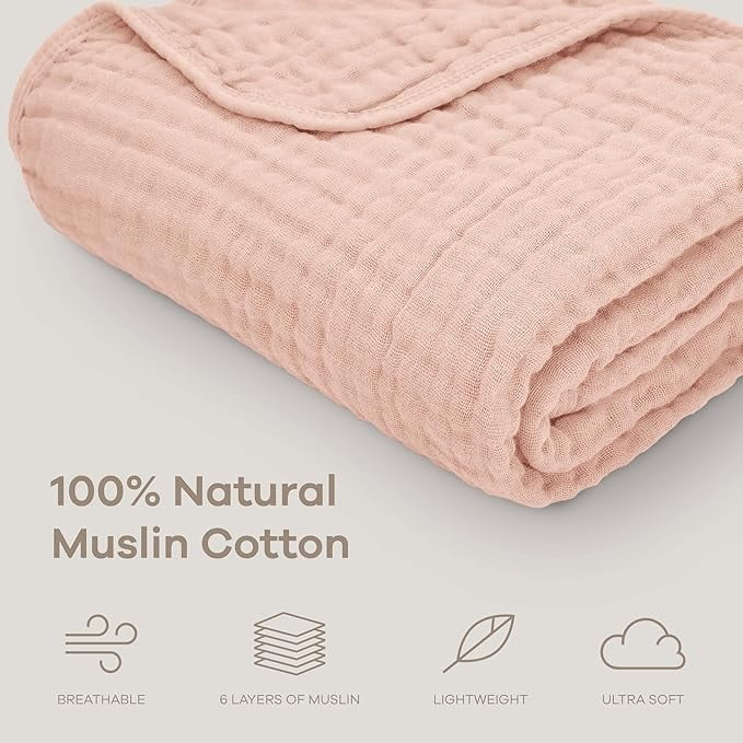 Comfy Cubs Baby Muslin Blanket, Swaddle for Newborns, Large 40” x 40”, 6-Layer (Blush, Baby)