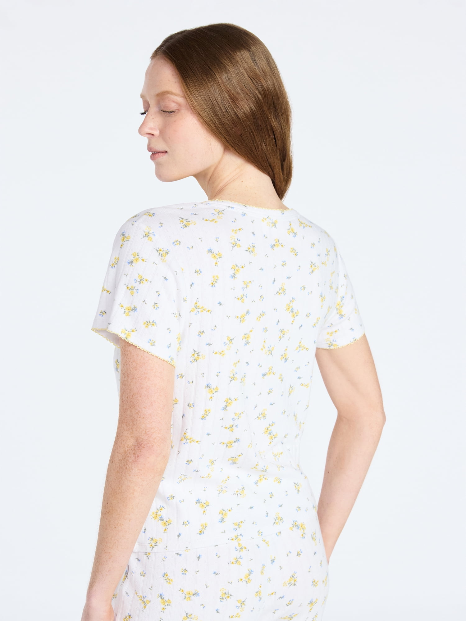 Joyspun Women’s Pointelle Knit Sleepwear Henley Tee with Short Sleeves, Sizes XS-3X