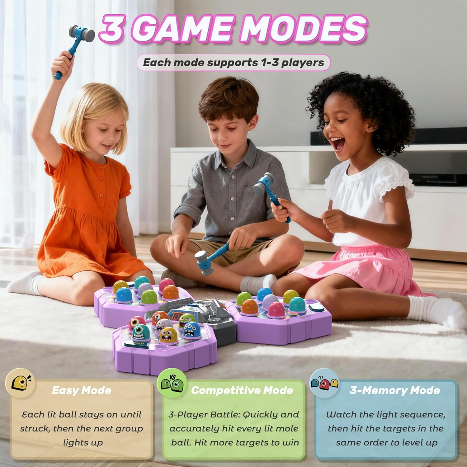 3-Player Whack Game Mole Toy , Early Learning Toy with Lights & Sounds, Interactive Pounding Hammer Toy with 3 Game Modes, Perfect for Families