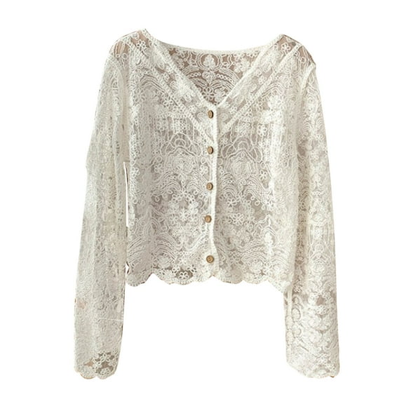 Women Autumn Korean Lace Flare Long Sleeve Blouse V-Neck Button Down Cropped Cardigan Hollow Crochet Floral See Through Thin Shrug for Jacket Shirts Outwear