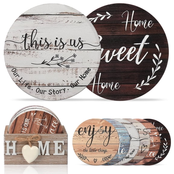 YSTDHL Housewarming Gifts for Home Decoration Wooden Heart Coasters for Drinks Set of 6 Farmhouse Coasters with Holder Funny for Coffee Table Protection, 4 Inch（Brown, Multicolored）