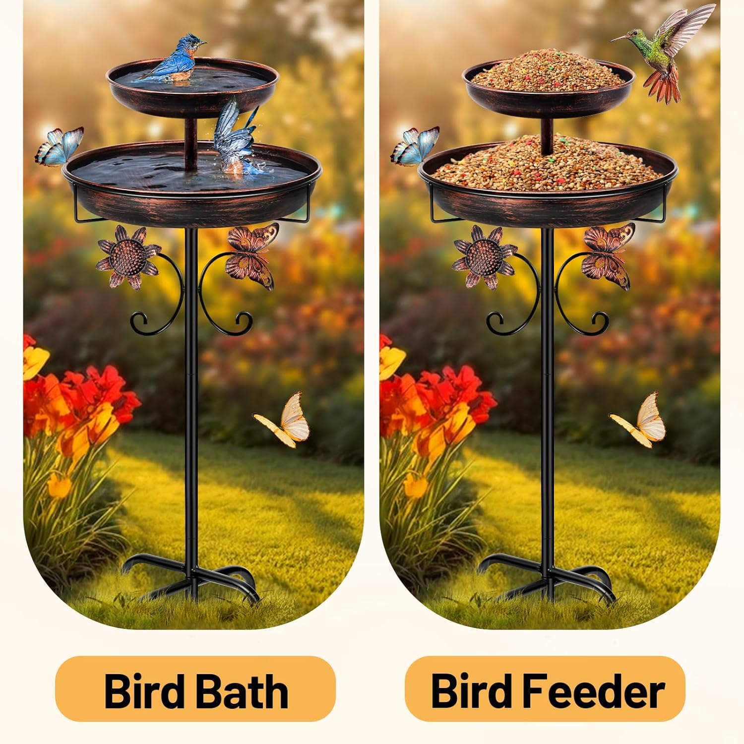 SLUMLOVE Bird Bath for Outside, 42In Double Metal Bird Bath for Garden Patio Yard Lawn Decor, Upgraded 5-Pronged Base