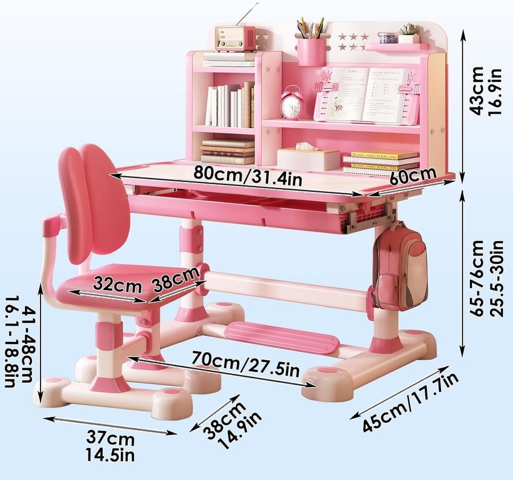YNCE Kids Study Desk Chair Set,Adjustable Children School Study Table Chair Set with Sitting Corrector, Ergonomic Desk Chairs with Book Stand, Foot Pedal, Partition Design (Pink #5)