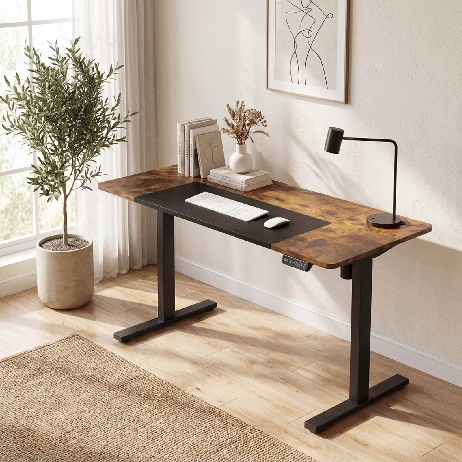 Furnibear 63 x 24 Inch Height Adjustable Sit Stand Computer Desk with 3 Memory Presets for Home Office Study Computer Writing, Rustic Brown
