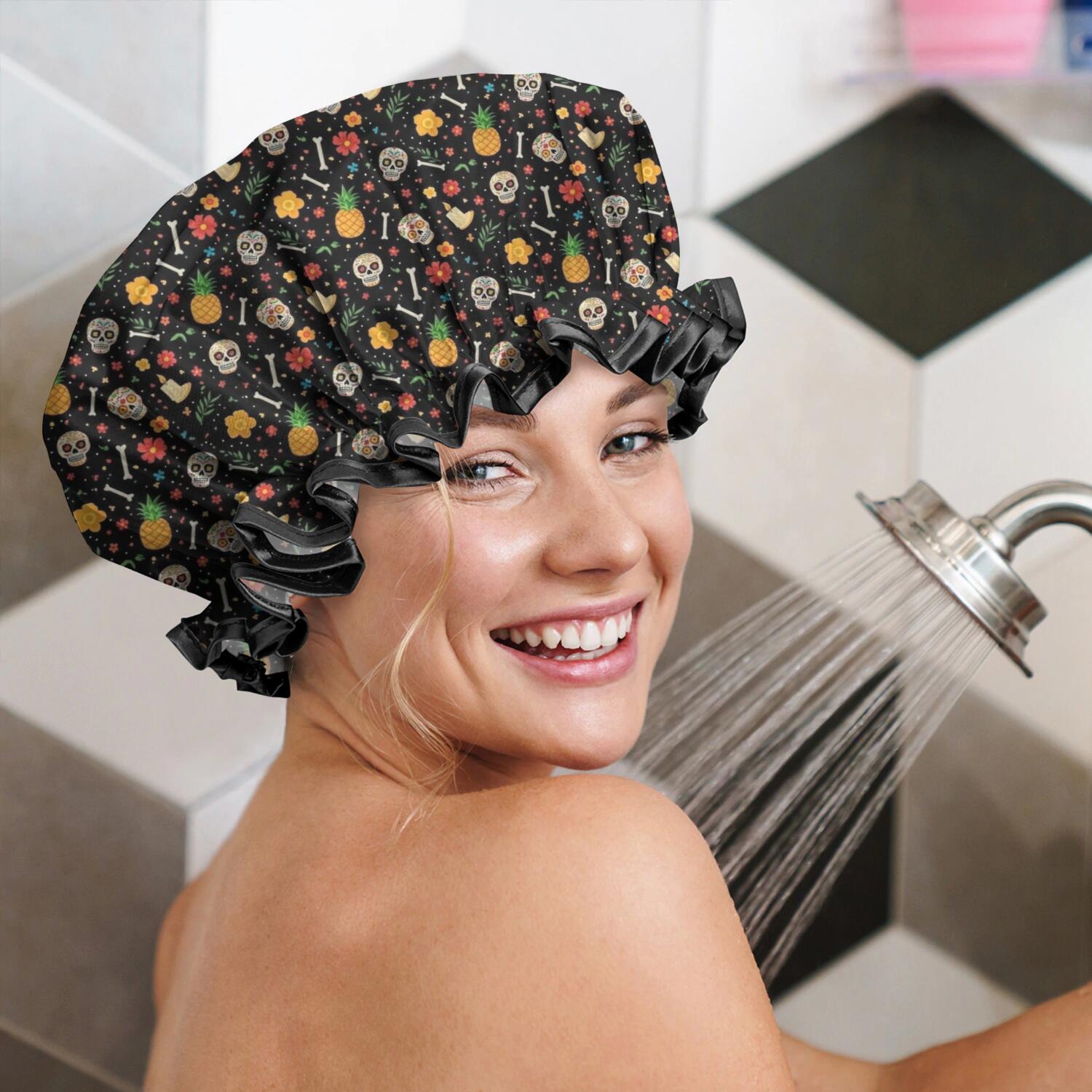 Shower Caps,Black Skull Pineapple Flower Pattern Waterproof Shower Cap for Women 4 Pieces,Double Reusable Hair Cover for Shower PEVA Elastic Stretch Hem