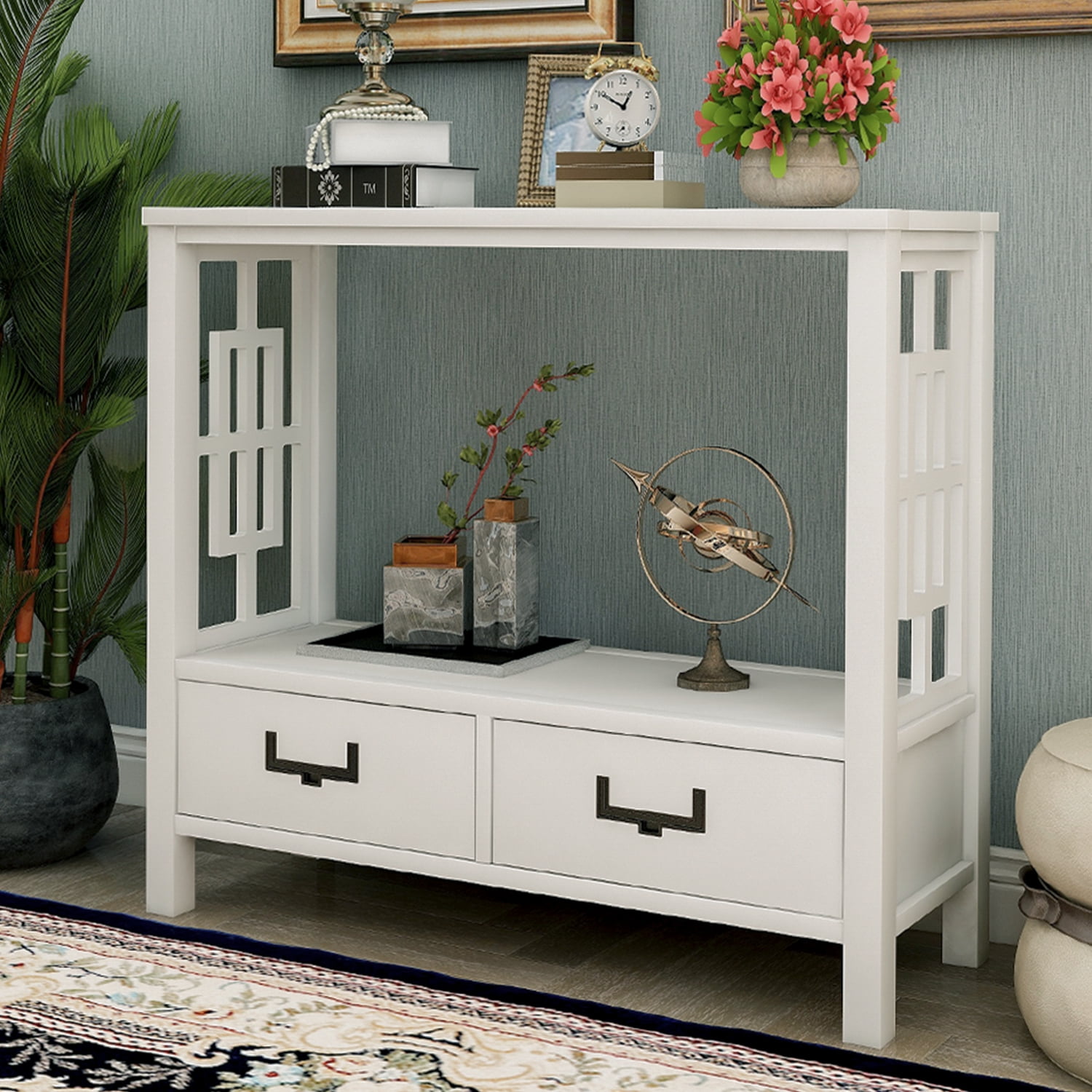 TREXM Console Sofa Table with Two Bottom Drawers, Farmhouse Narrow Sofa Table for Entryway (White)