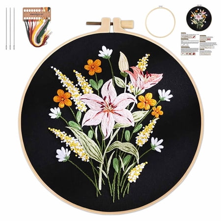 Embroidery Kit for Beginners & Adults Cross Stitch Kit with Floral Patterns – Complete Starter Set with Hoop Pre-Printed Fabric Threads & Needles for DIY Crafting (E)