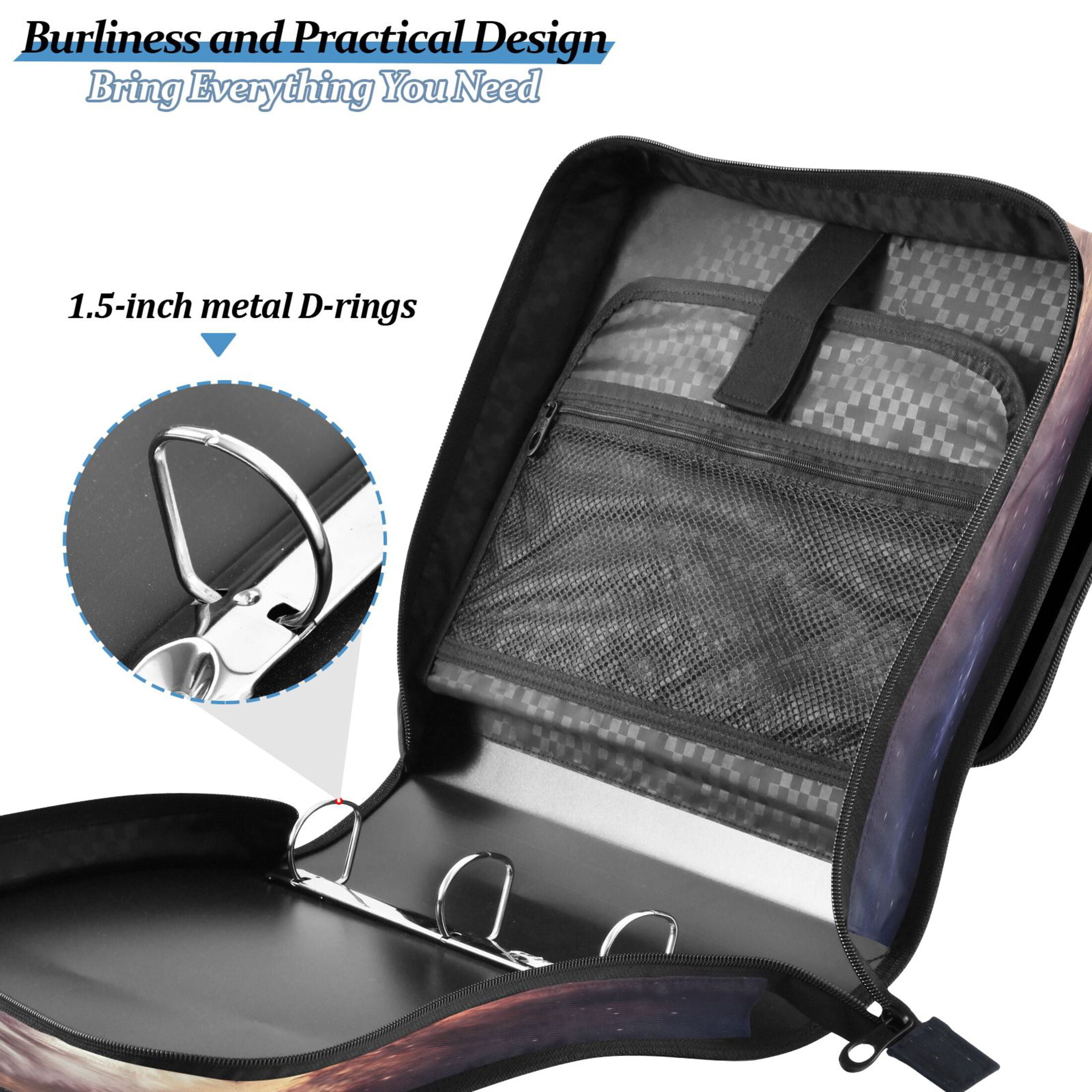 Water-Resistant 3-Ring Binder Organizer with Multiple Pockets Zipper Binder Bag for Office Majestic Wolf