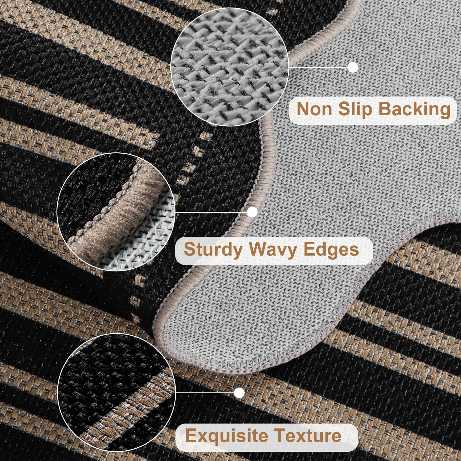 Striped Easy Jute Entryway Rug  2x3 Black Indoor Outdoor Doormat Washable Small Kitchen Non Slip Farmhouse Scalloped Rugs For Front Door Entrance Bathroom