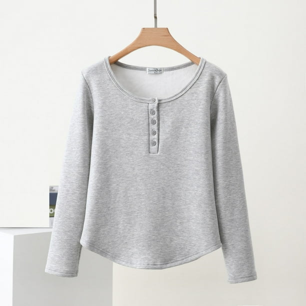 Pijama de manga larga para mujer, color liso, con botones, cuello redondo, manga larga, dobladillo inferior, abrigo cálido de terciopelo, pijama de manga larga, parte superior de poliéster para mujer