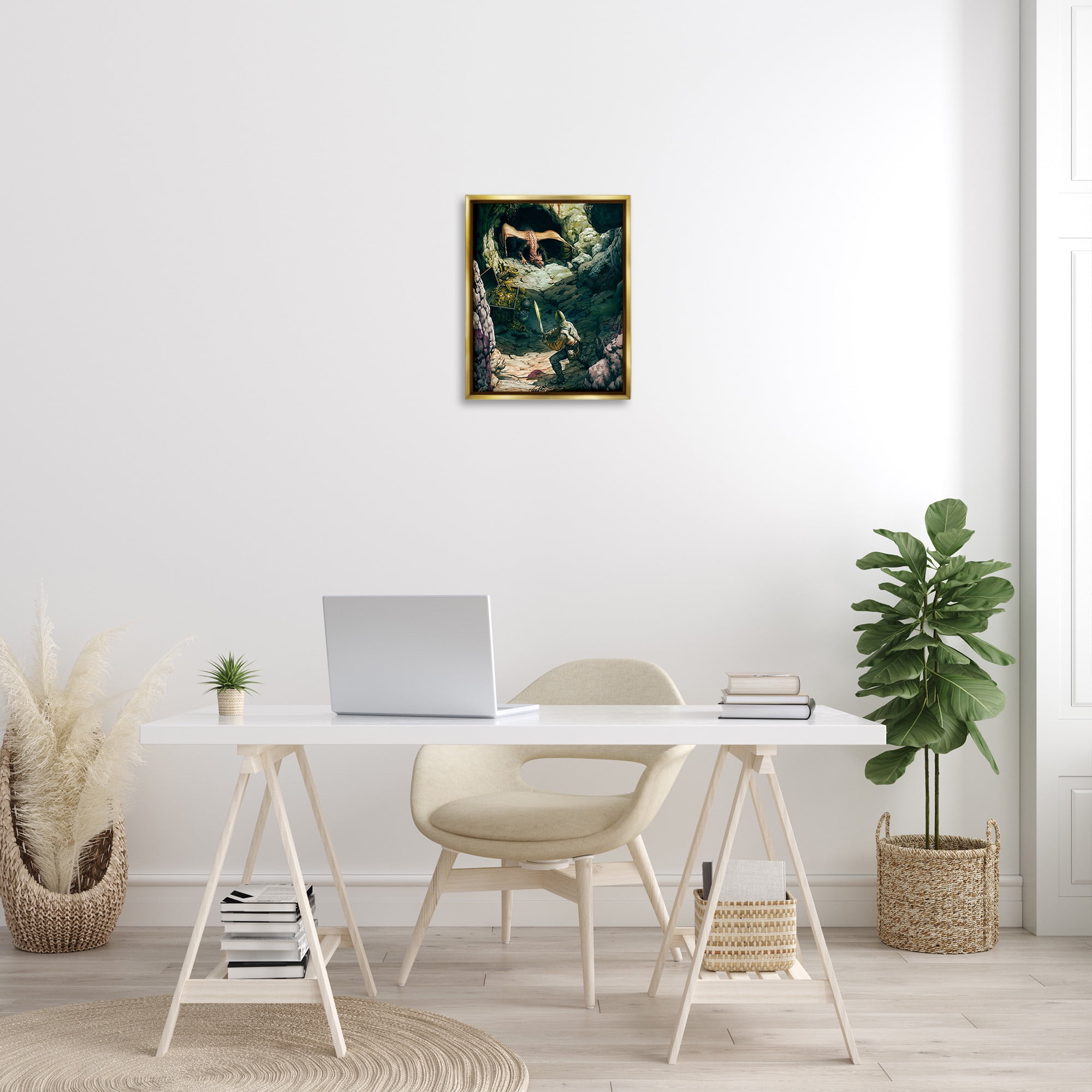 Stupell Industries Dragon & Knight Battle Fairy Tales & Fantasy Painting Gold Floater Framed Canvas Art Print Wall Art, 17 x 21