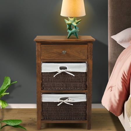 Furniture With Wicker Baskets Jaxpety End Side Bedside Table Nightstand Organizer with 2 Wicker Storage Baskets Carved Drawer, Baked Color ()